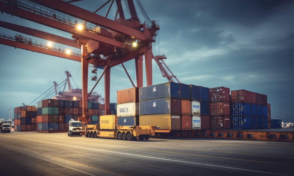 Logistics and transportation of Container Cargo ship and Cargo plane with working crane bridge in shipyard at sunrise, logistic import export and transport industry background.